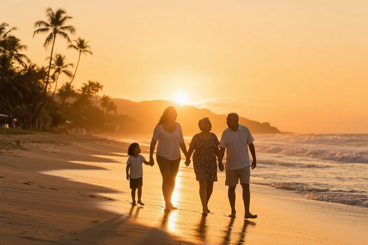 墨西哥海滩日落时分,多代家庭牵手漫步,轻松惬意